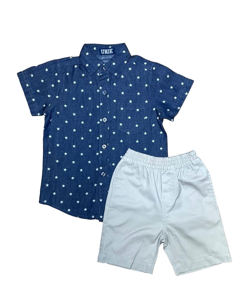Boys Printed Chambray Short Set (12M-24M) $6.50  (2-4) $7.50 and (5-8) $8.50 Per Piece