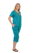unikinc - Women's Short Sleeve Embroidered Blouse and Matching Capri Set - 10 - Unikinc