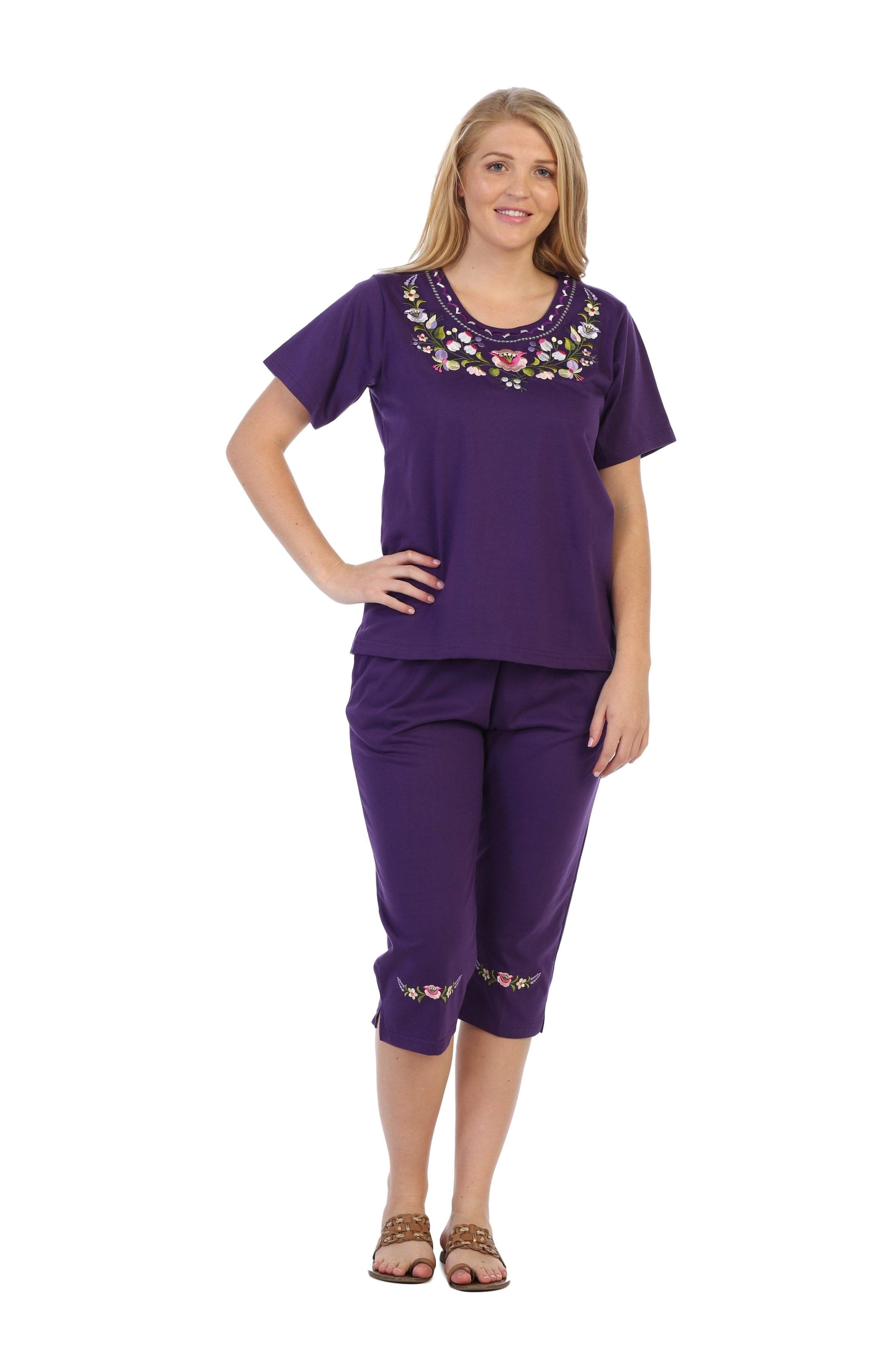 unikinc - Women's Short Sleeve Embroidered Blouse and Matching Capri Set - 10 - Unikinc