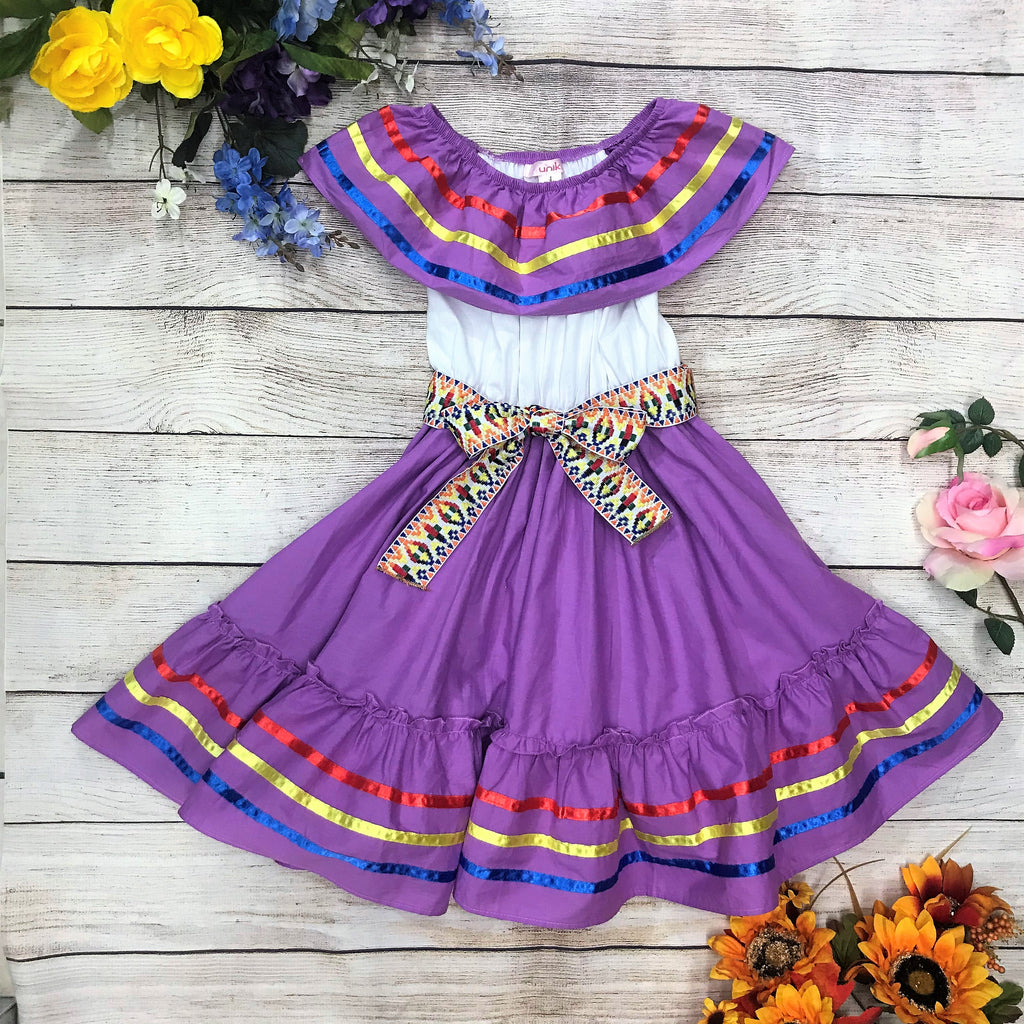 Fancy Lilac Traditional Mexican Cinco De Mayo Fiesta Dress (4-14) $14.00 Per Piece. DR2031
