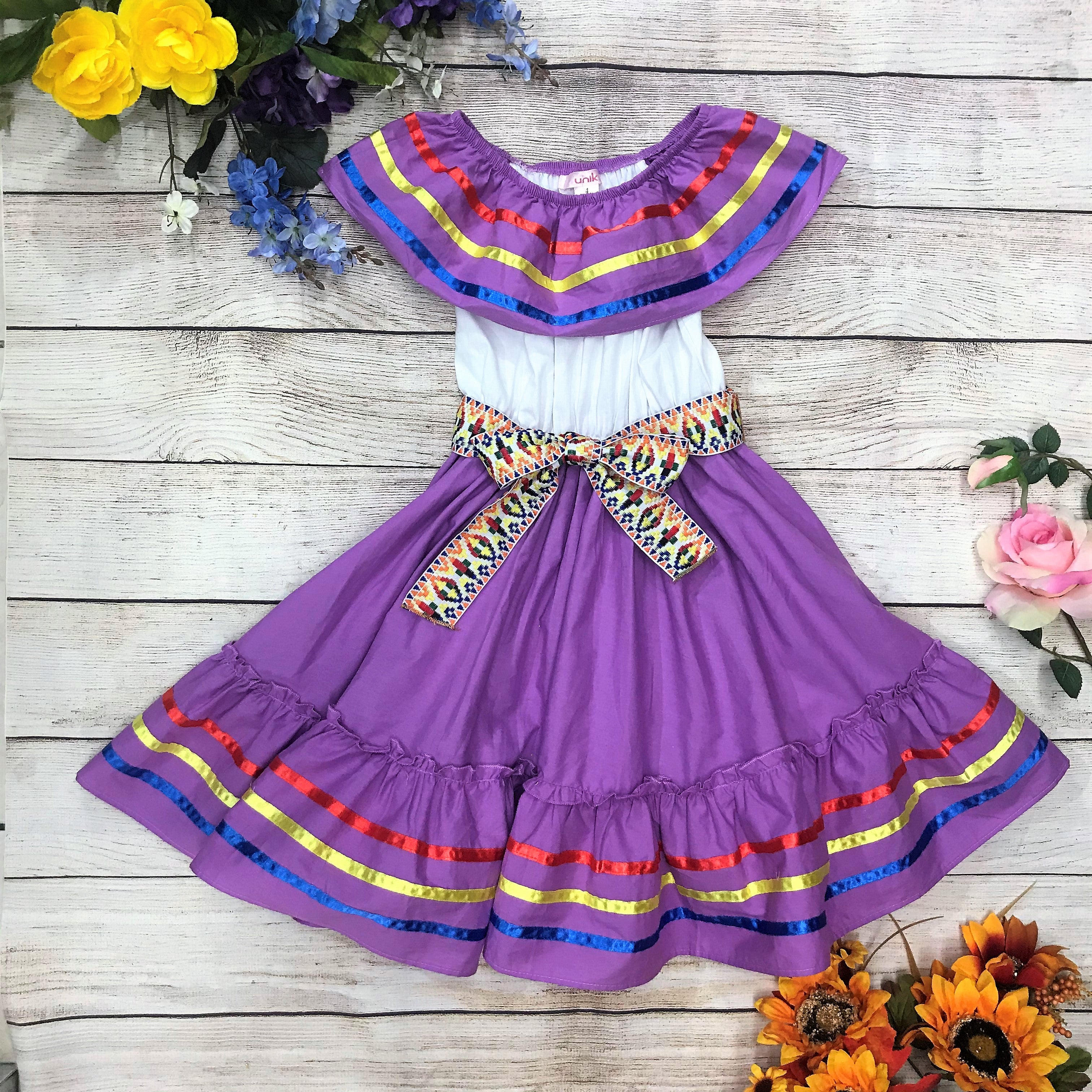 Fancy Lilac Traditional Mexican Cinco De Mayo Fiesta Dress (4-14) $14.00 Per Piece. DR2031
