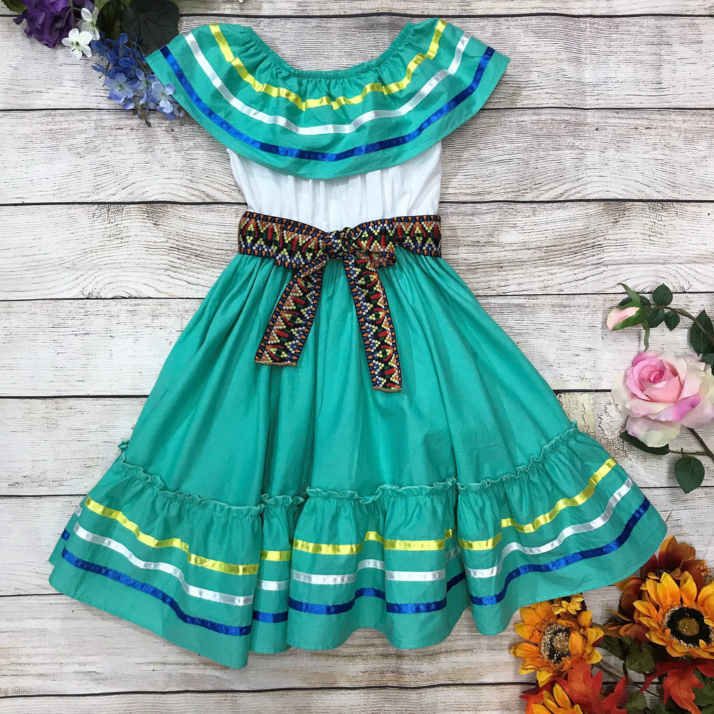 Fancy Mint Traditional Mexican Cinco De Mayo Fiesta Dress (4-14) $14.00 Per Piece
