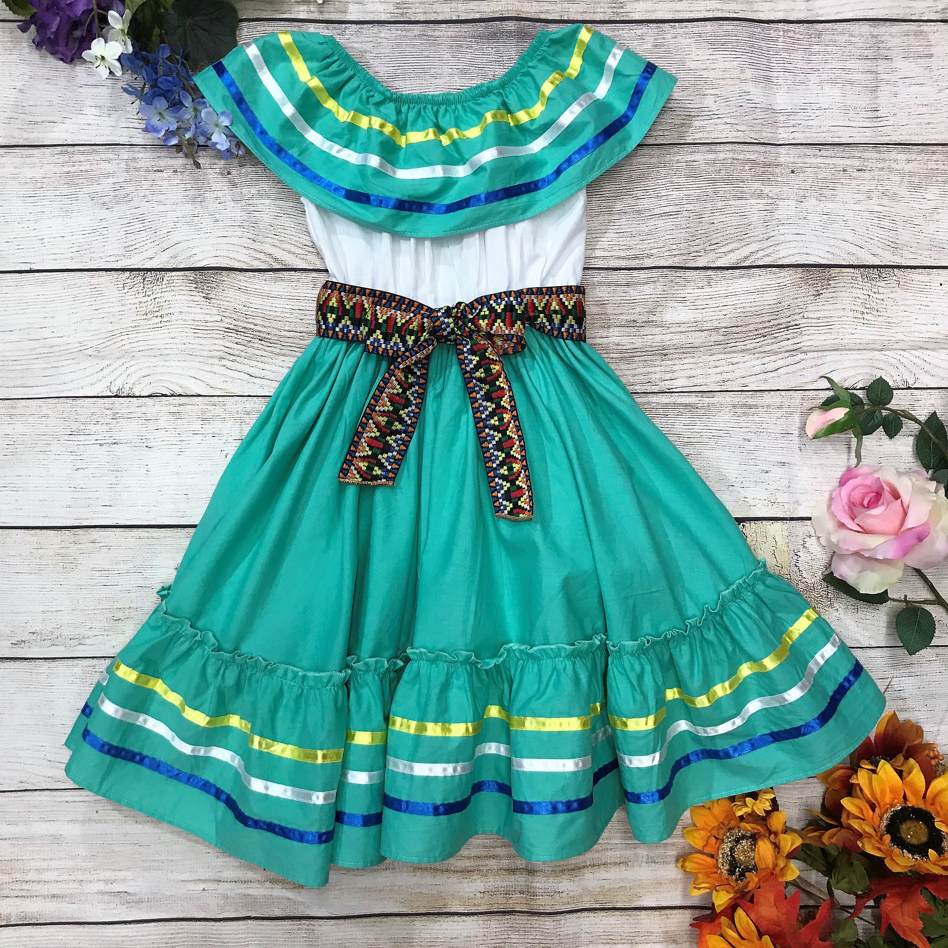 Fancy Mint Traditional Mexican Cinco De Mayo Fiesta Dress (4-14) $14.00 Per Piece