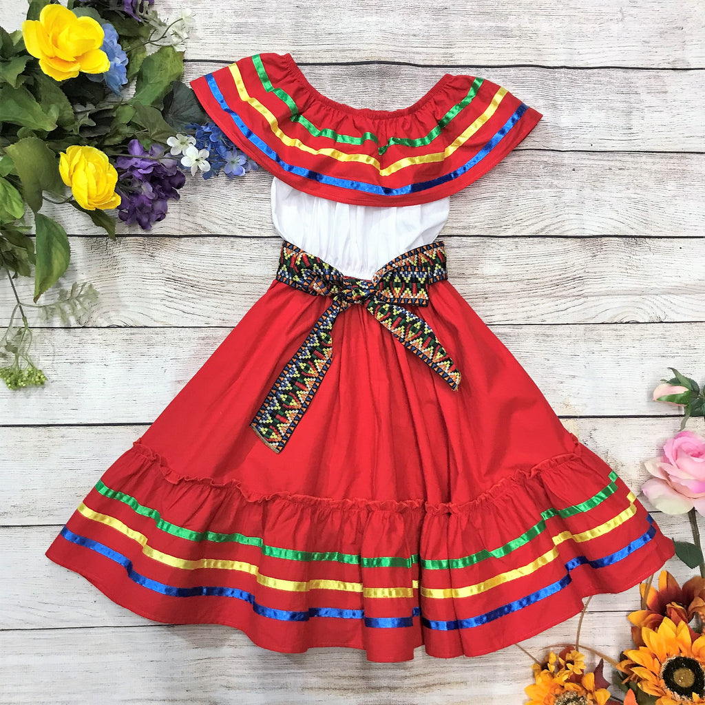 Fancy Red Traditional Mexican Cinco De Mayo Fiesta Dress (4-14) $14.00 Per Piece. DR2031