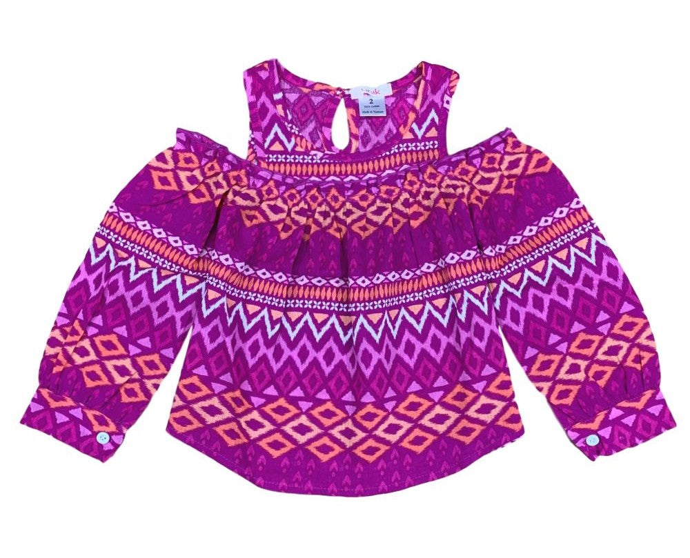 Girl Geometric Cold-Shoulder Long-Sleeve Blouse - Fuchsia 2-12 (6 Pack) $4.00 per piece GB716