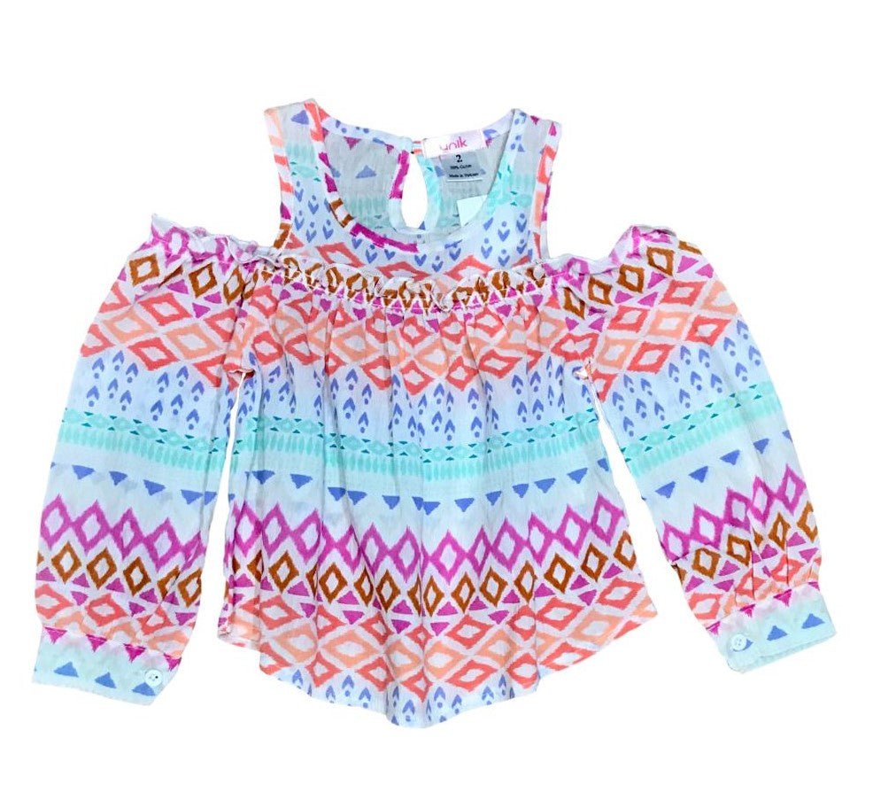 Girl Geometric Cold-Shoulder Long-Sleeve Blouse - White 2-12 (6 Pack) $4.00 per piece GB716