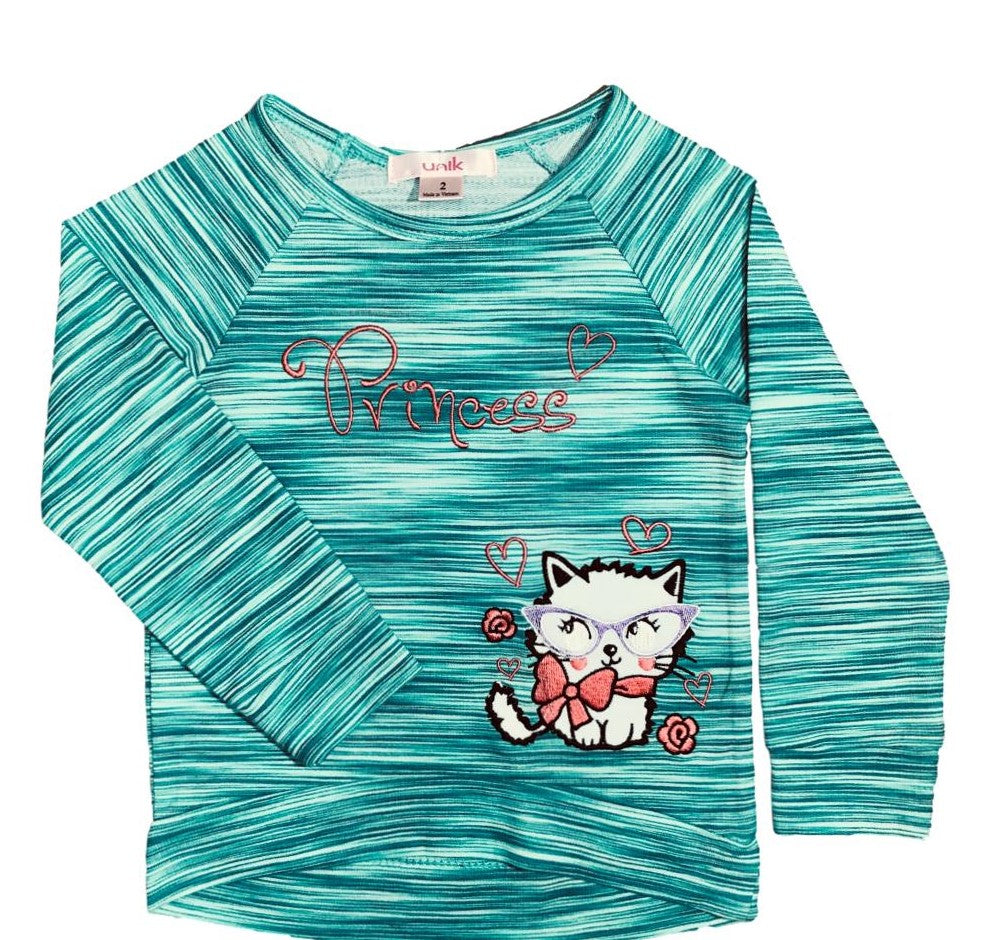 Girl Princess Kitty Long Sleeve Top - Teal  2-12 (6 Pack) $4.00 Per Piece GB723