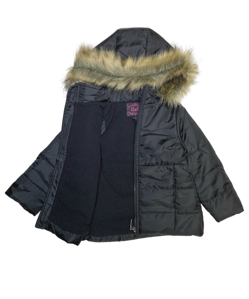 Girl's Zipper Hooded Puffer Jacket With Fur Black (2-4) $11 and (S-XL) $12 Per Piece