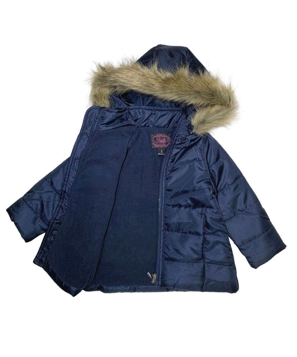 Girl's Zipper Hooded Puffer Jacket With Fur Navy (2-4) $11 and (S-XL) $12 Per Piece