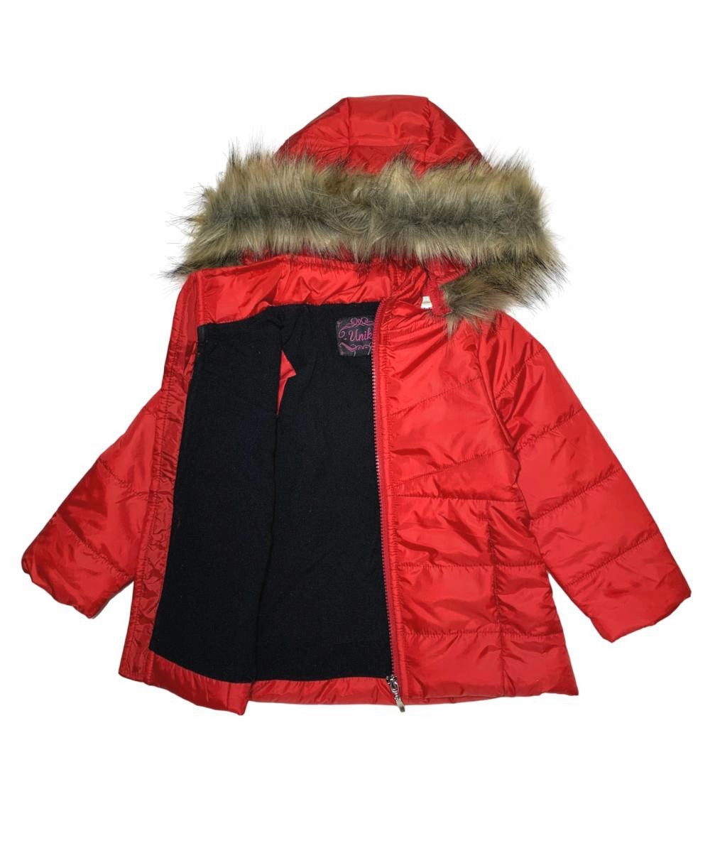 Girl's Zipper Hooded Puffer Jacket With Fur Red (2-4) $11 and (S-XL) $12 Per Piece