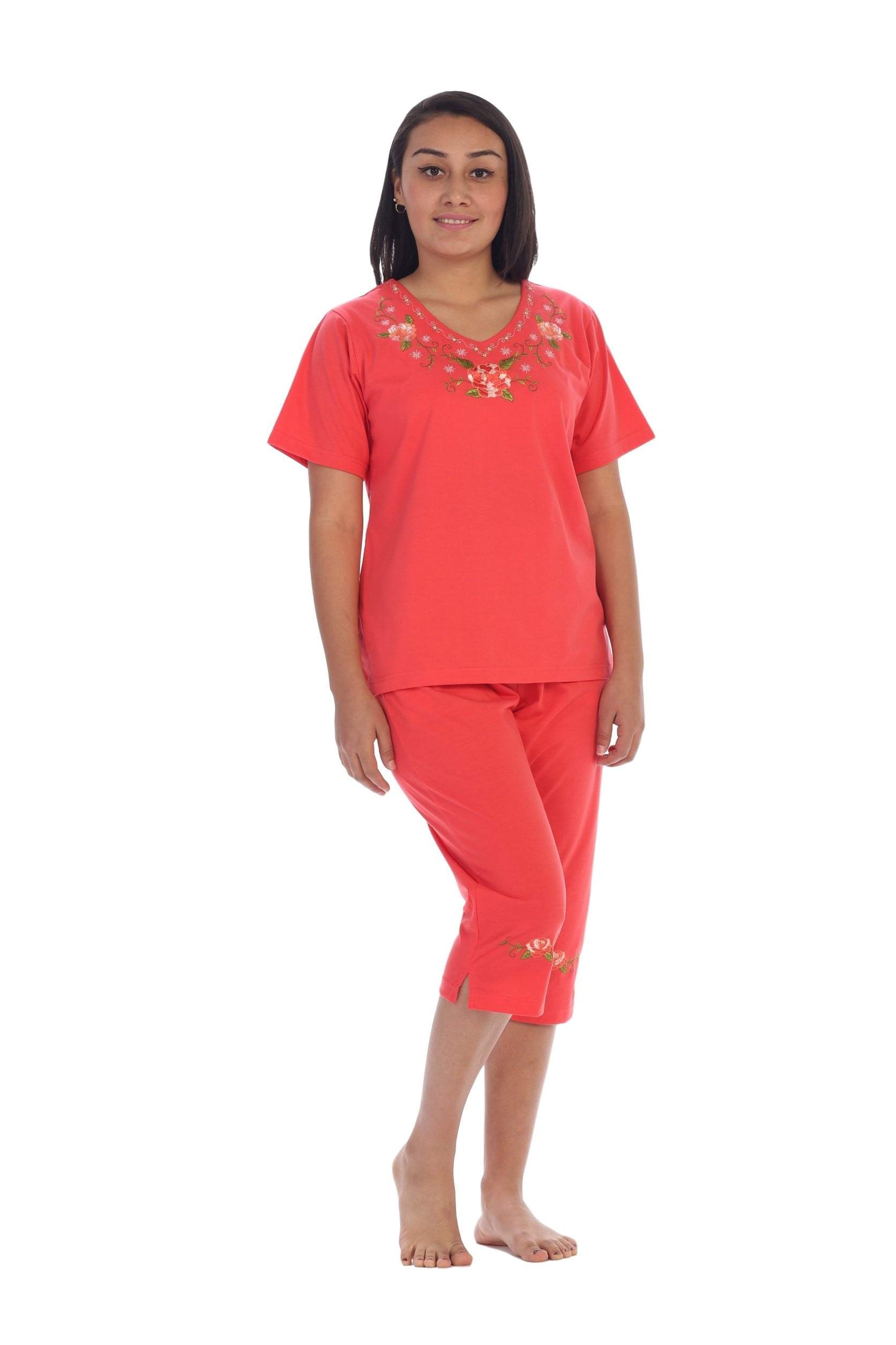 unikinc - Women's Short Sleeve Embroidered Blouse and Matching Capri Set-08 - Unikinc