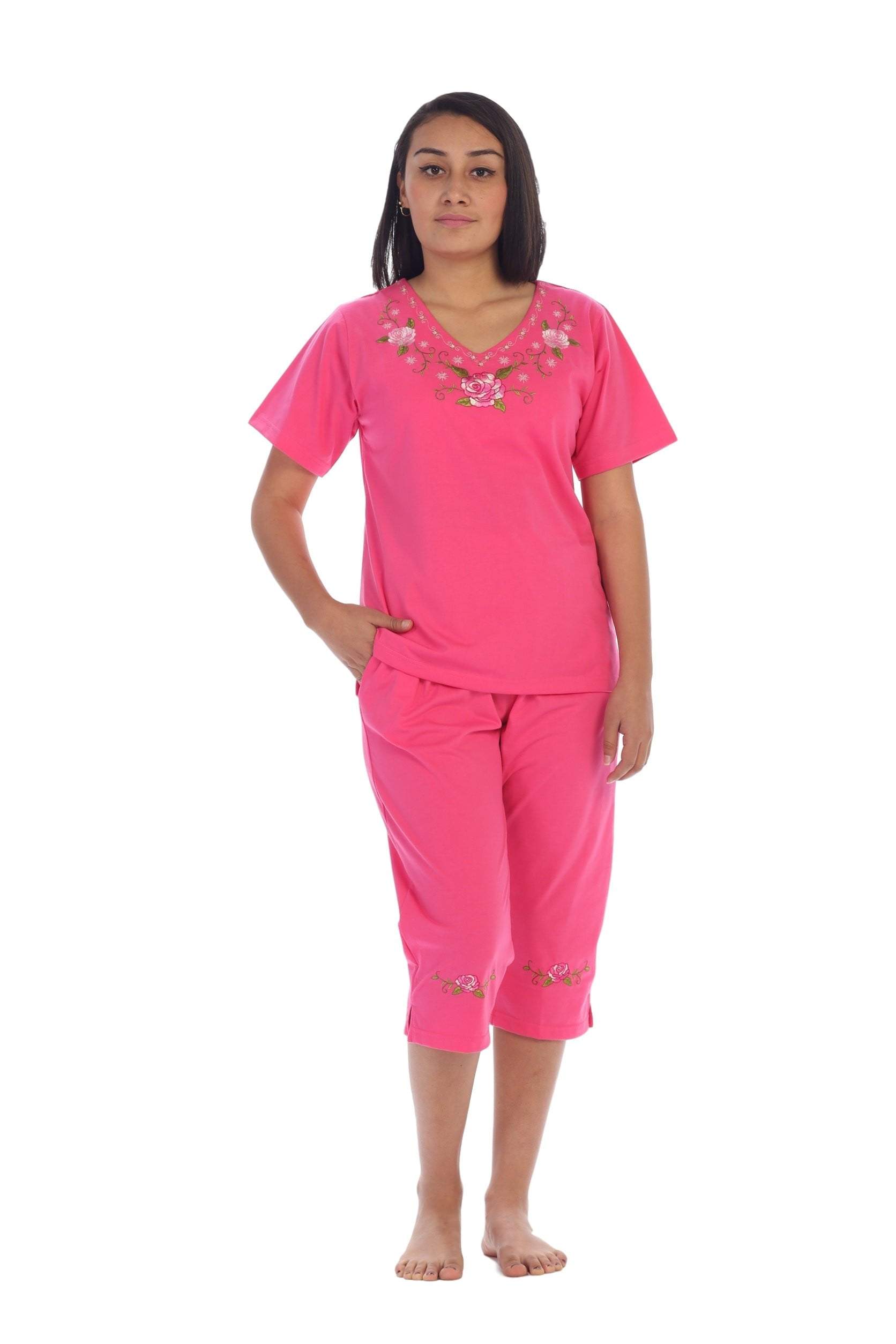 unikinc - Women's Short Sleeve Embroidered Blouse and Matching Capri Set-08 - Unikinc