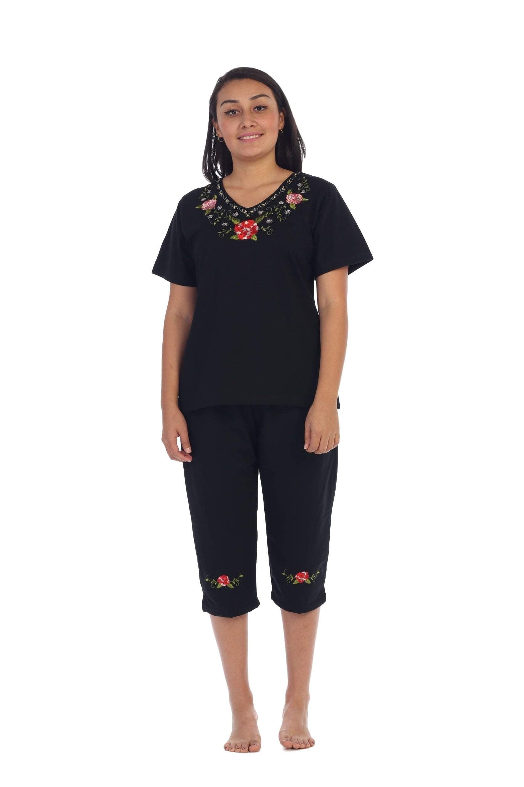 unikinc - Women's Short Sleeve Embroidered Blouse and Matching Capri Set-08 - Unikinc