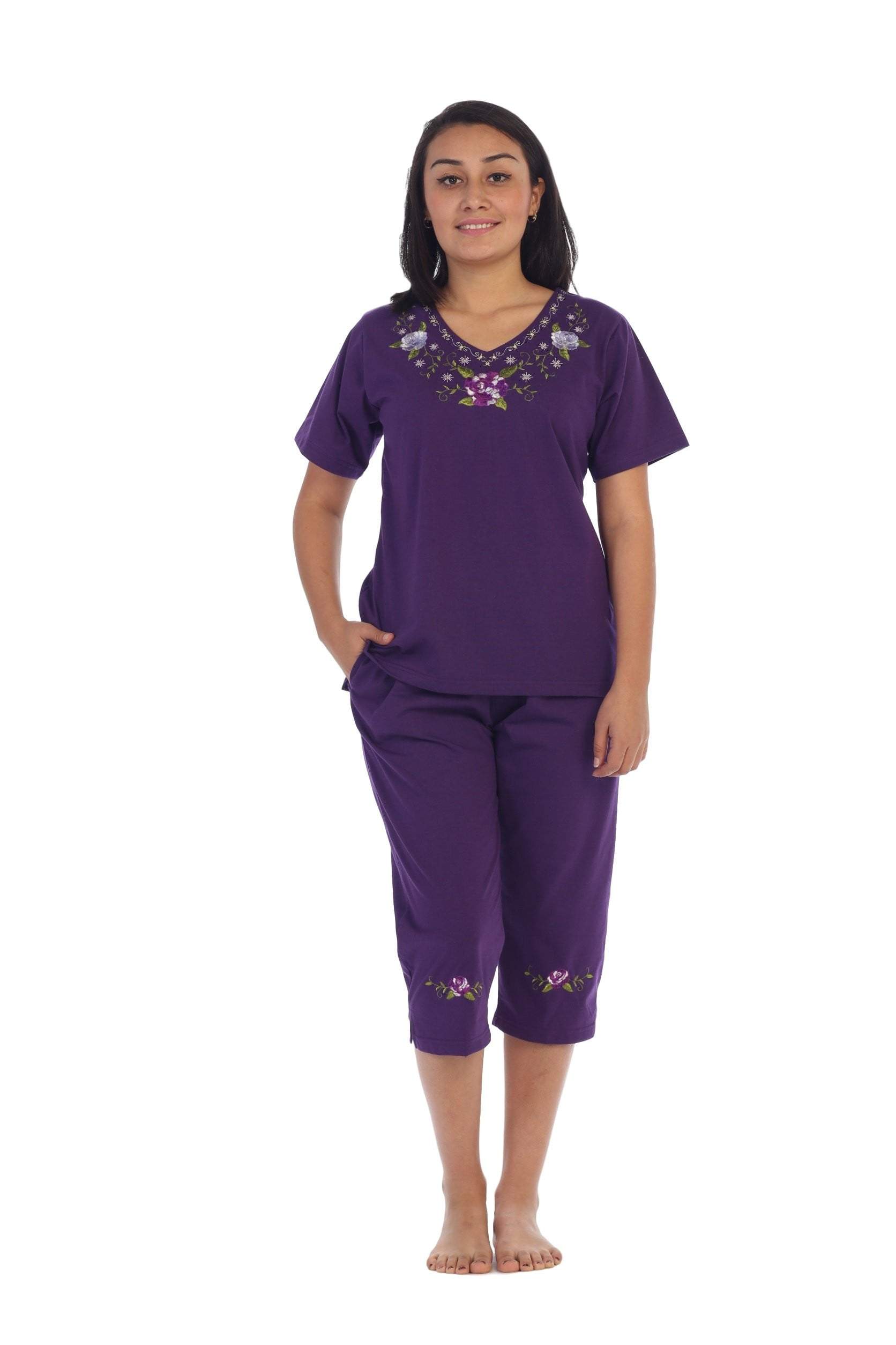 unikinc - Women's Short Sleeve Embroidered Blouse and Matching Capri Set-08 - Unikinc