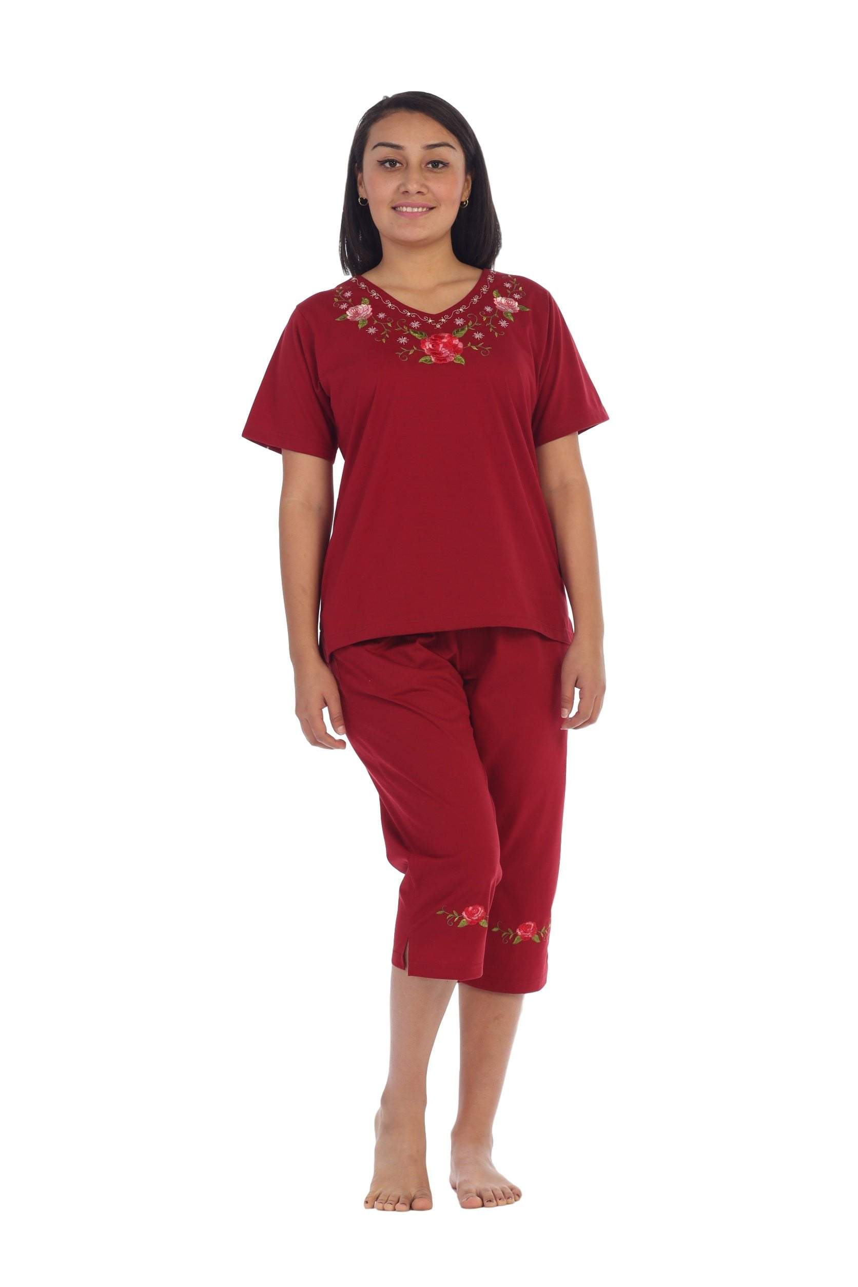unikinc - Women's Short Sleeve Embroidered Blouse and Matching Capri Set-08 - Unikinc