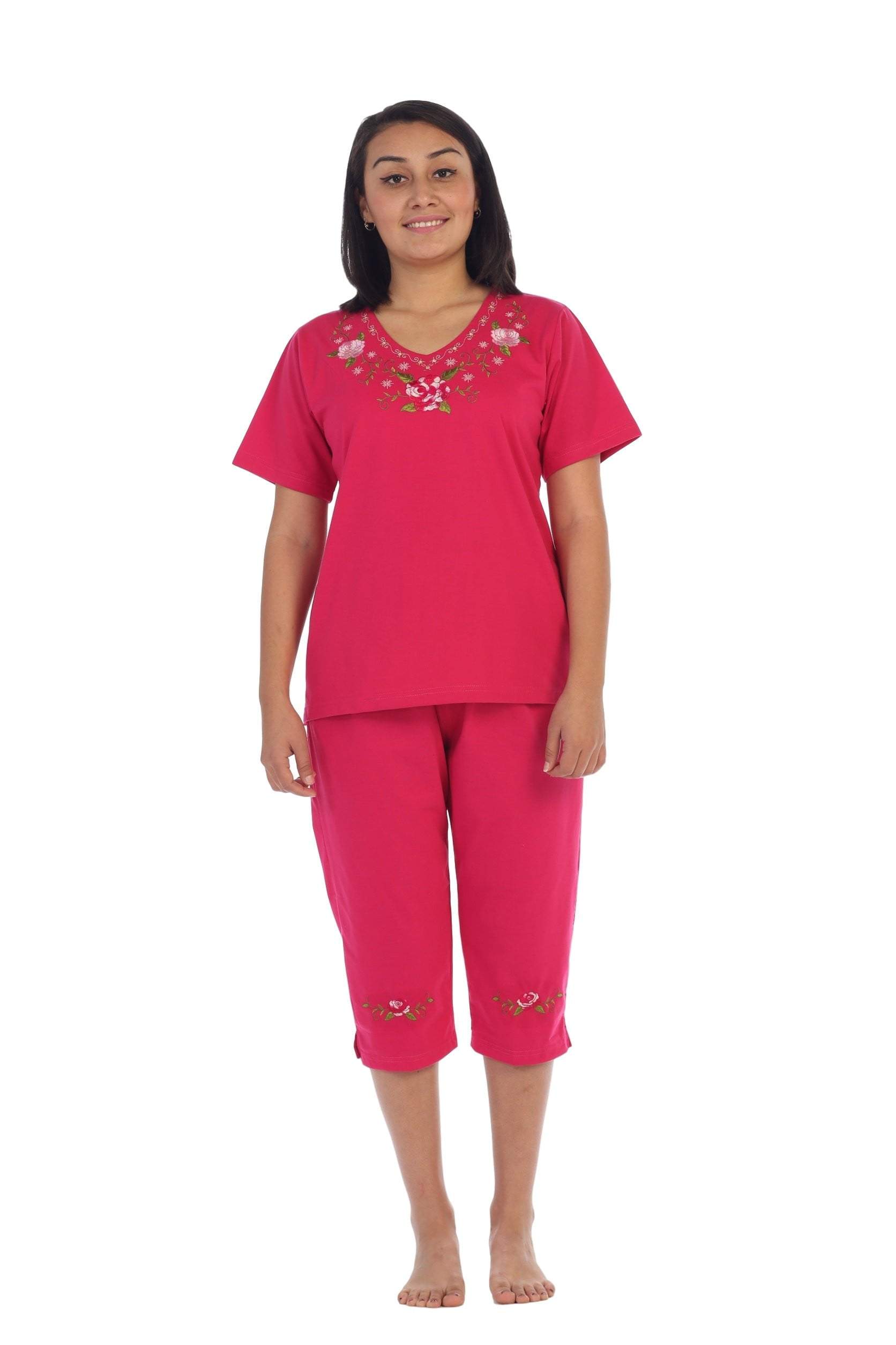 unikinc - Women's Short Sleeve Embroidered Blouse and Matching Capri Set-08 - Unikinc
