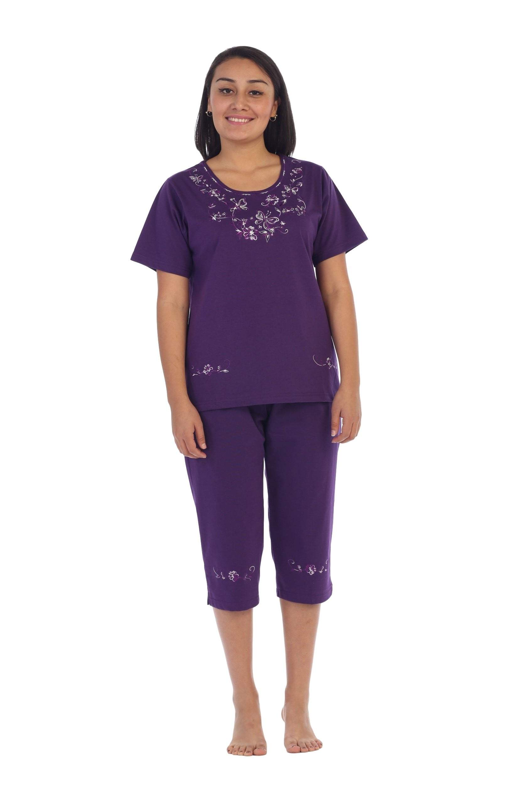 unikinc - Women's Short Sleeve Embroidered Blouse and Matching Capri Set-09 - Unikinc