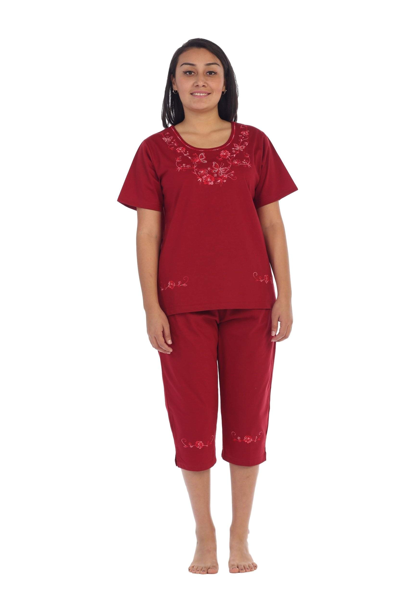 unikinc - Women's Short Sleeve Embroidered Blouse and Matching Capri Set-09 - Unikinc