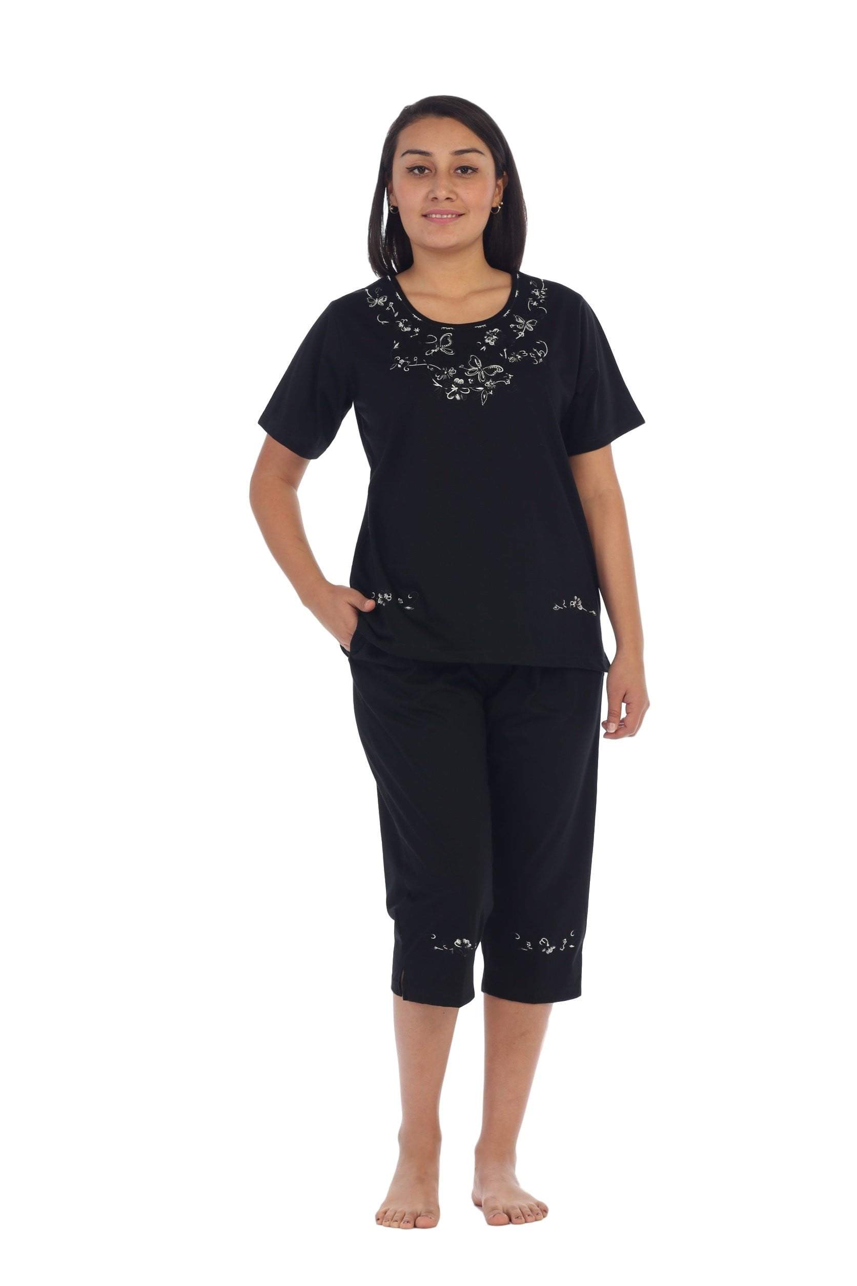 unikinc - Women's Short Sleeve Embroidered Blouse and Matching Capri Set-09 - Unikinc