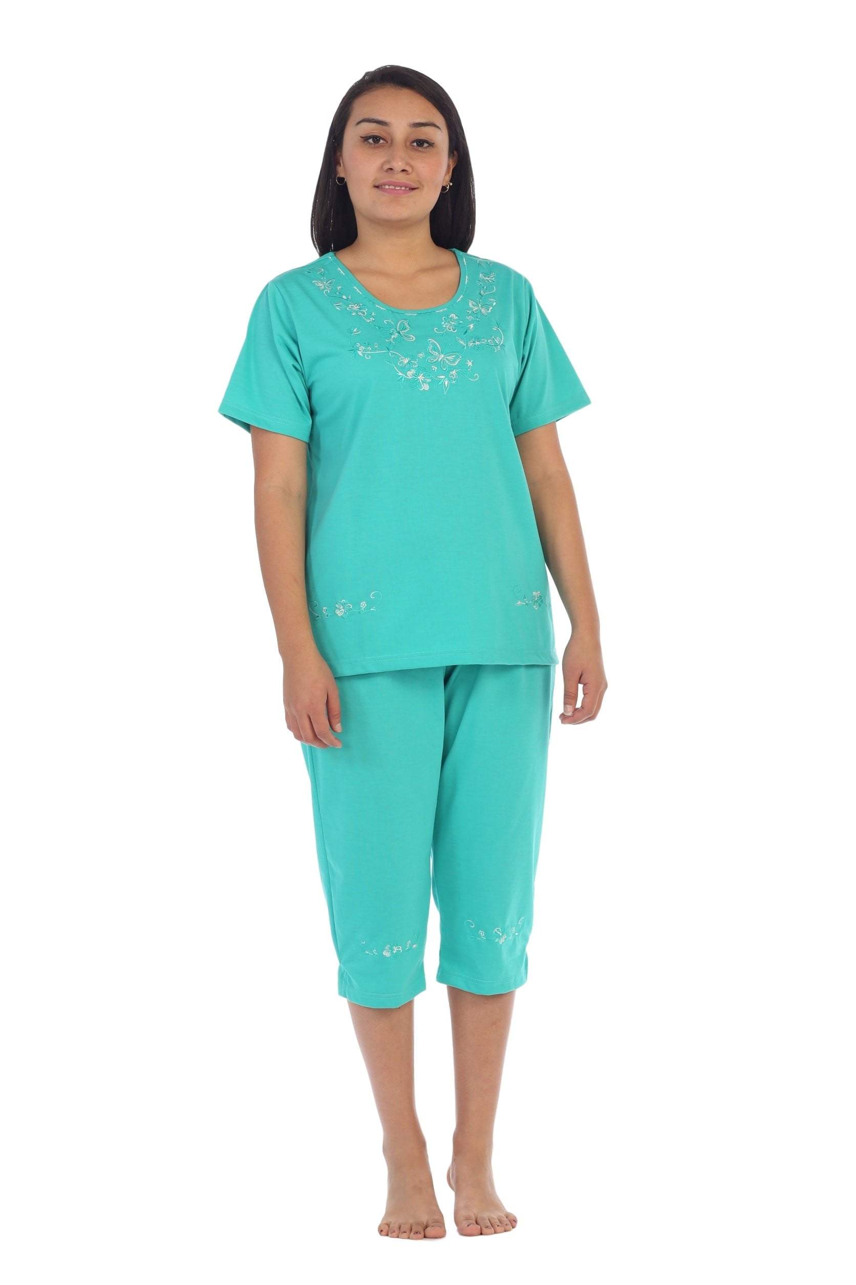 unikinc - Women's Short Sleeve Embroidered Blouse and Matching Capri Set-09 - Unikinc
