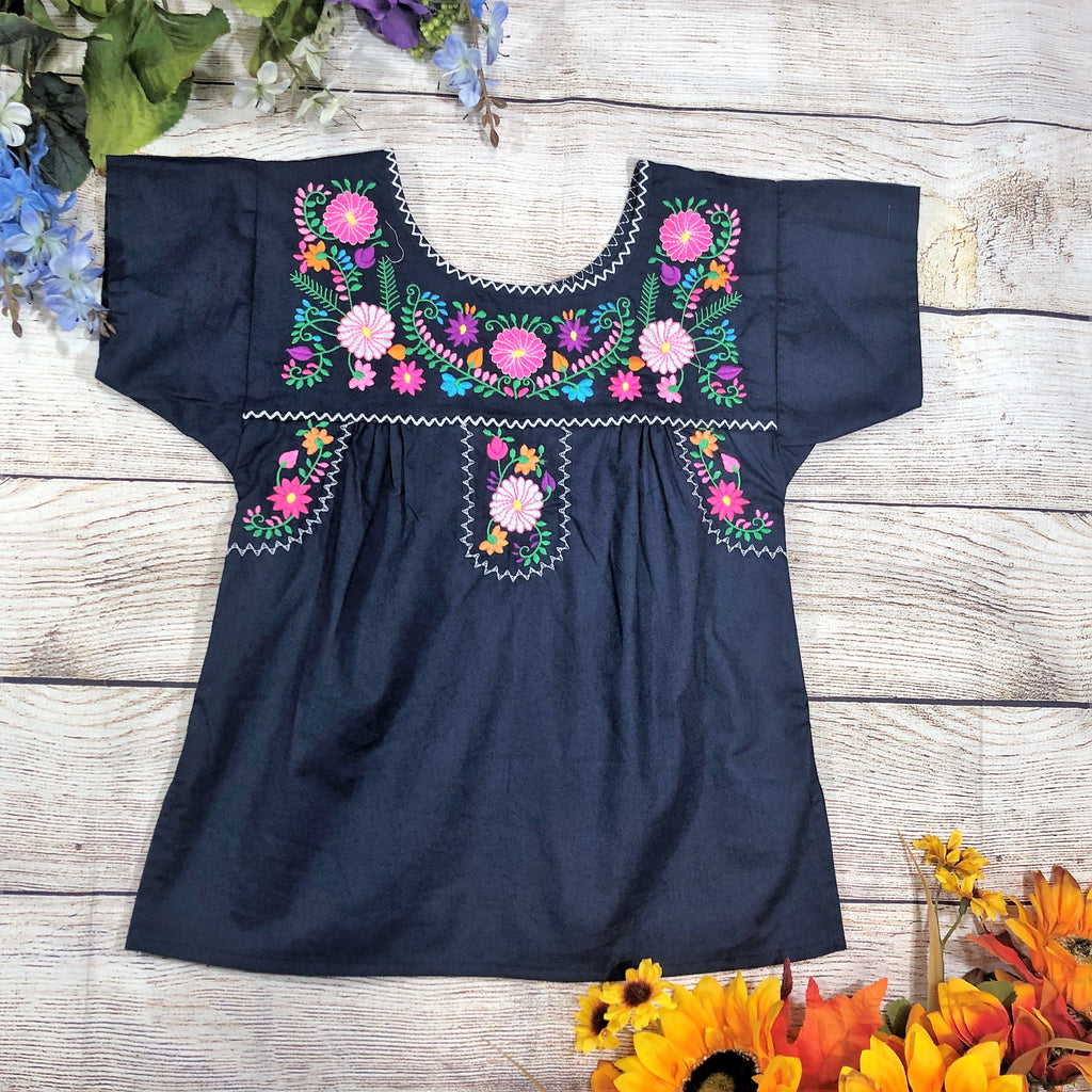 Traditional Puebla Navy Mexican Youth Girl Embroidered Blouse (4-14) $7.50 Per Piece. MT800