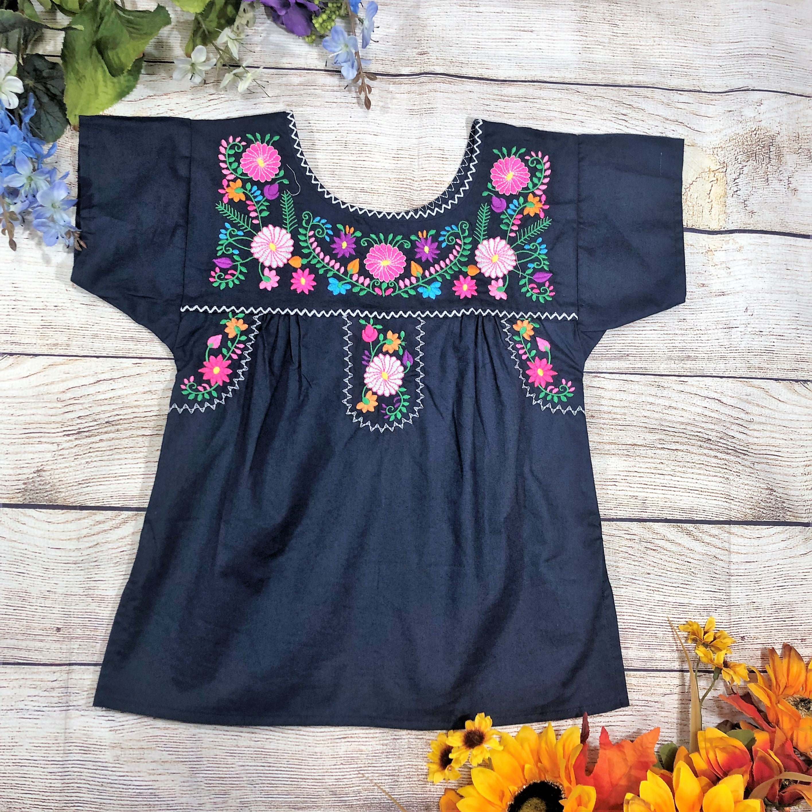 Traditional Puebla Navy Mexican Youth Girl Embroidered Blouse (4-14) $7.50 Per Piece. MT800