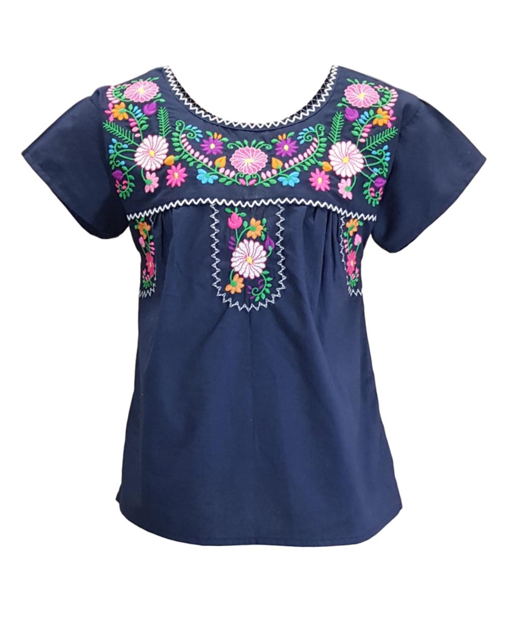 Traditional Puebla Navy Mexican Youth Girl Embroidered Blouse (4-14) $7.50 Per Piece. MT800