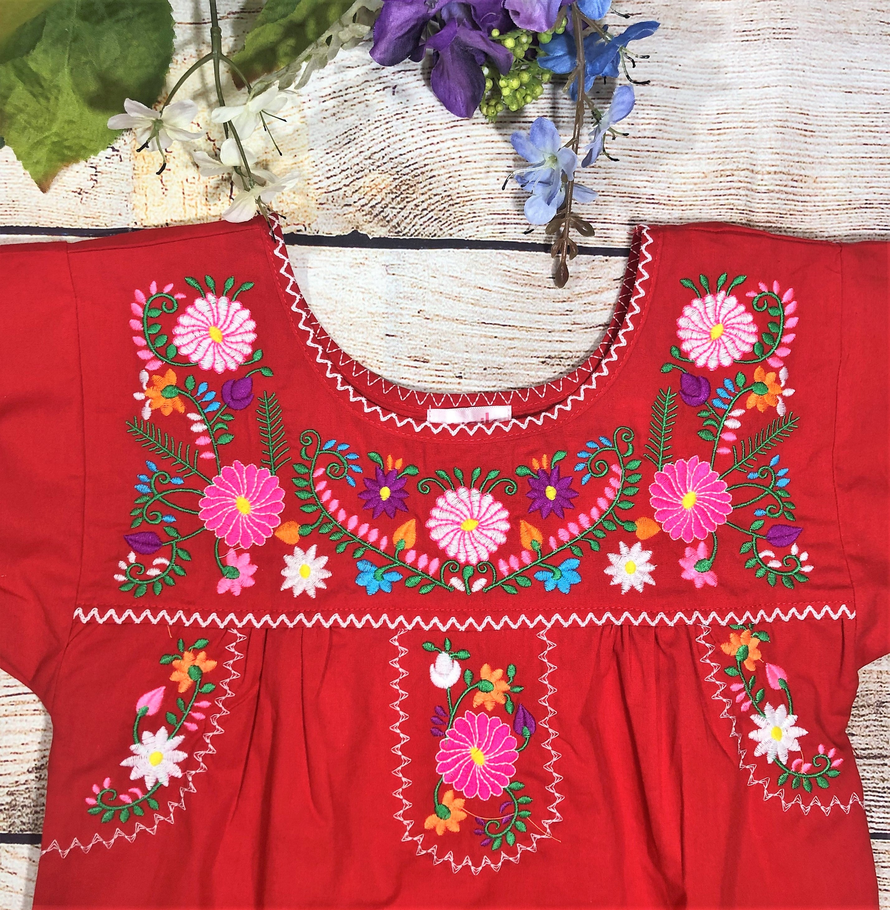 Traditional Puebla Red Mexican Youth Girl Embroidered Blouse (4-14) $7.50 Per Piece. MT800