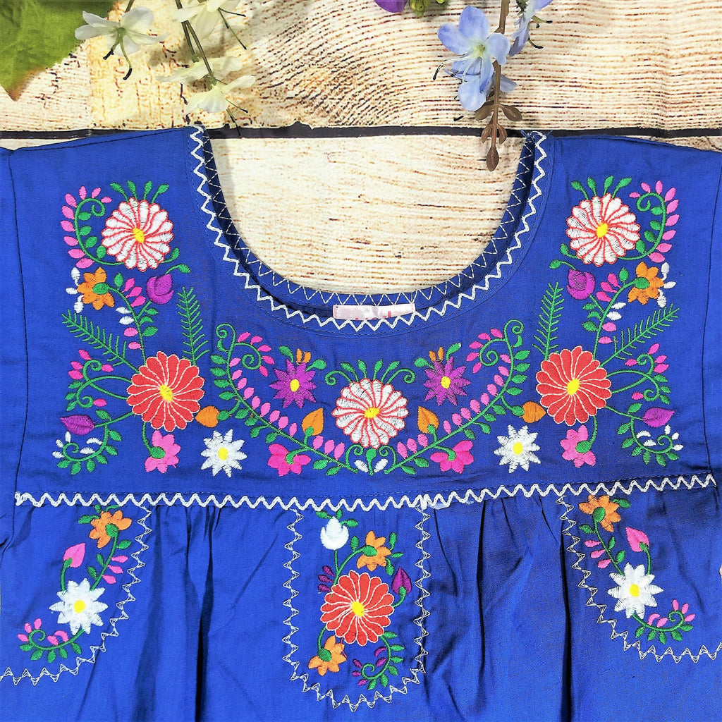 Traditional Puebla Royal Blue Mexican Youth Girl Embroidered Blouse (4-14) $7.50 Per Piece. MT800
