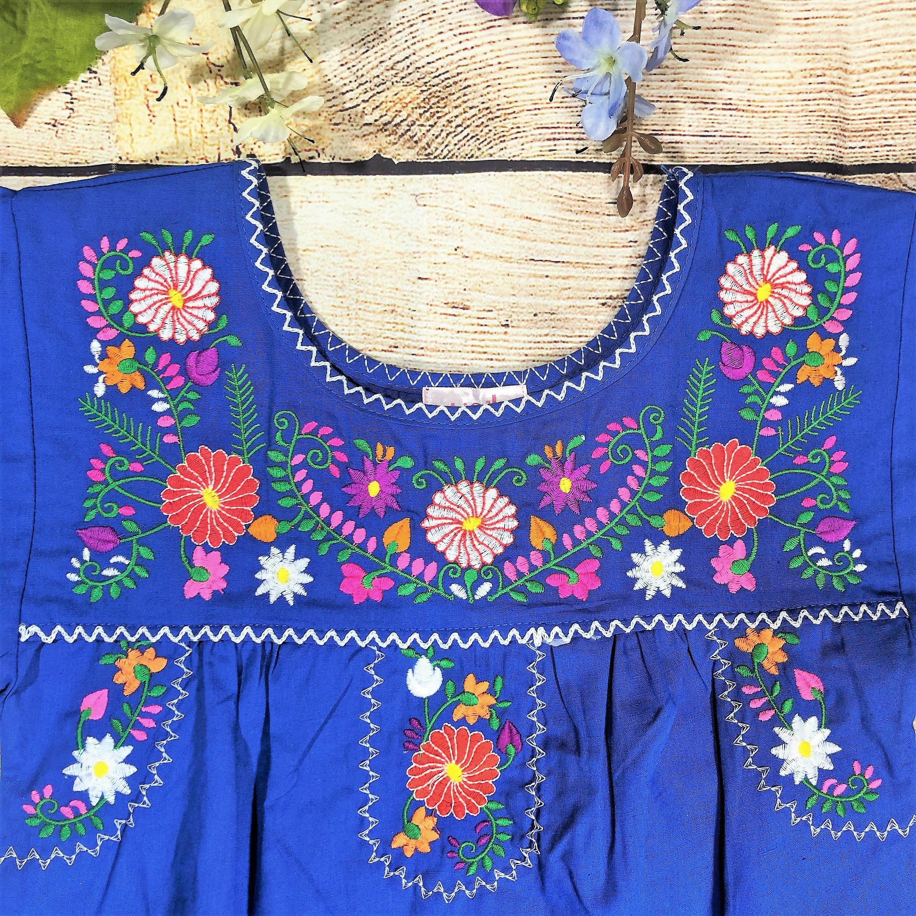 Traditional Puebla Royal Blue Mexican Youth Girl Embroidered Blouse (4-14) $7.50 Per Piece. MT800