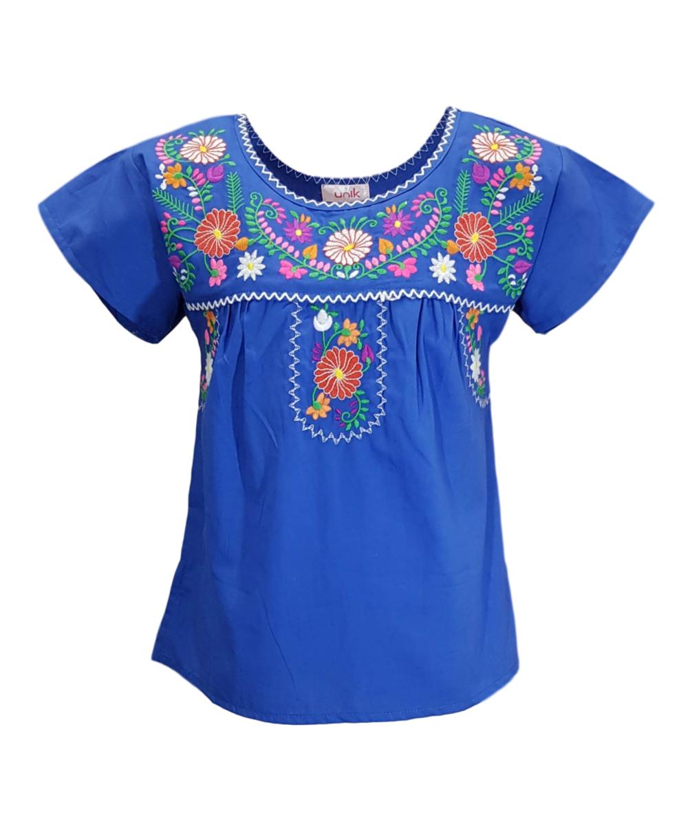Traditional Puebla Royal Blue Mexican Youth Girl Embroidered Blouse (4-14) $7.50 Per Piece. MT800