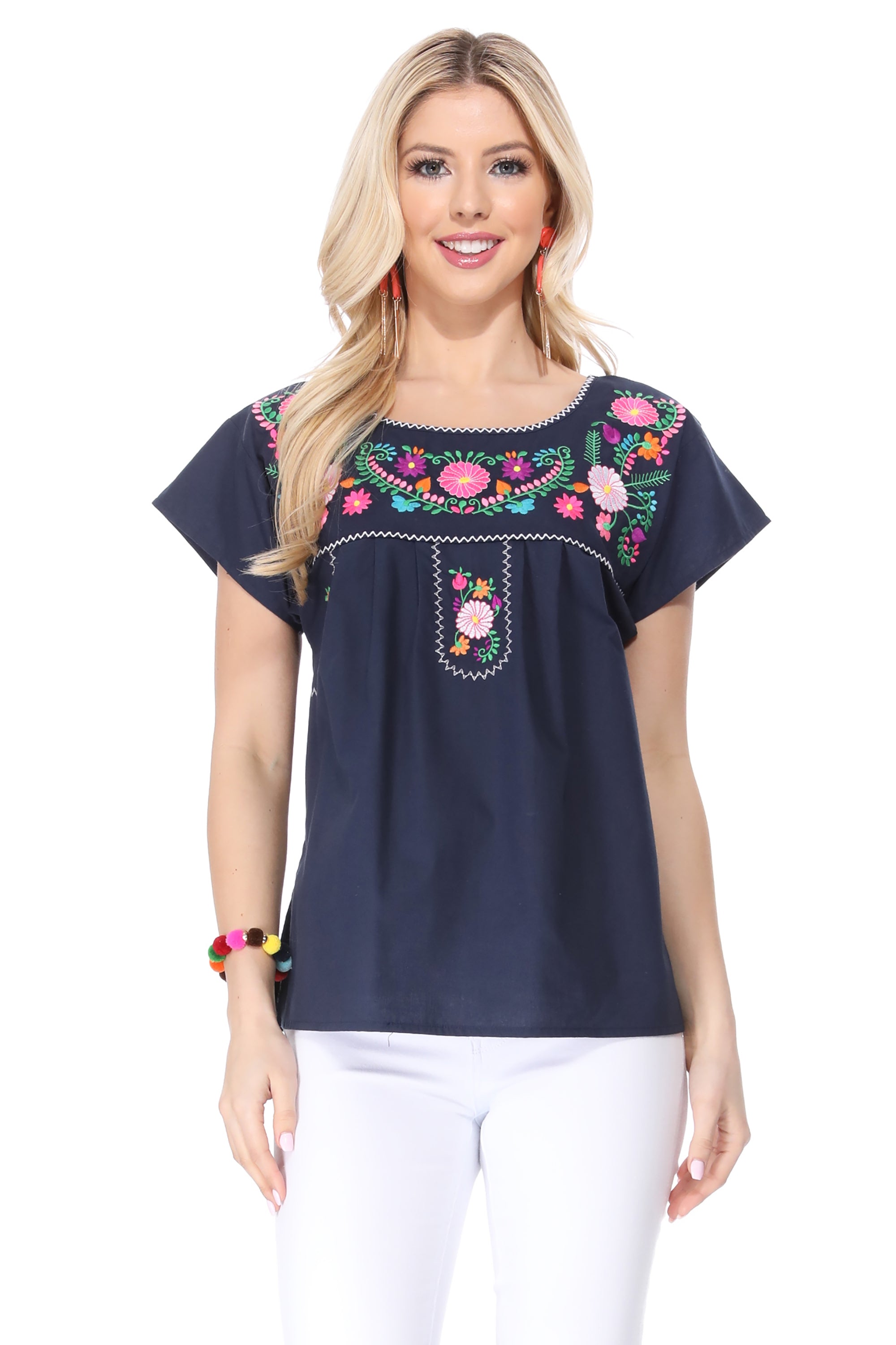 Traditional Navy Mexican Women Blouse (S-XL) $8.5 and (2XL-3XL) $9.50 Per Piece. MT801