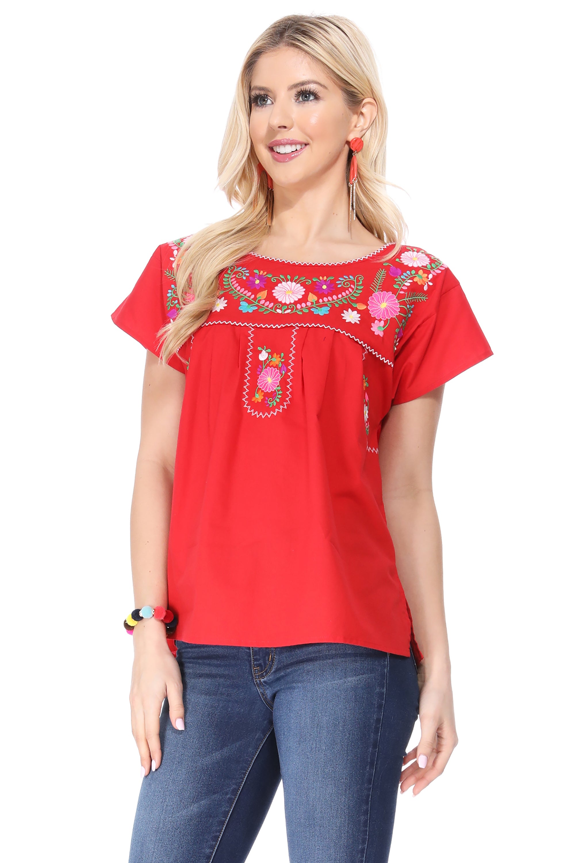 Traditional Red Mexican Women Blouse (S-XL) $8.5 and (2XL-3XL) $9.50 Per Piece. MT801
