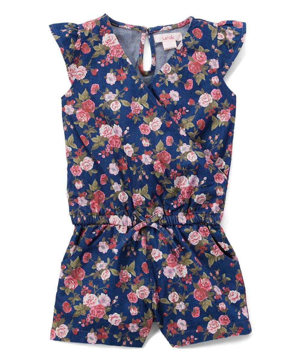 unikinc - Girl Denim Romper with Flowers - Unikinc
