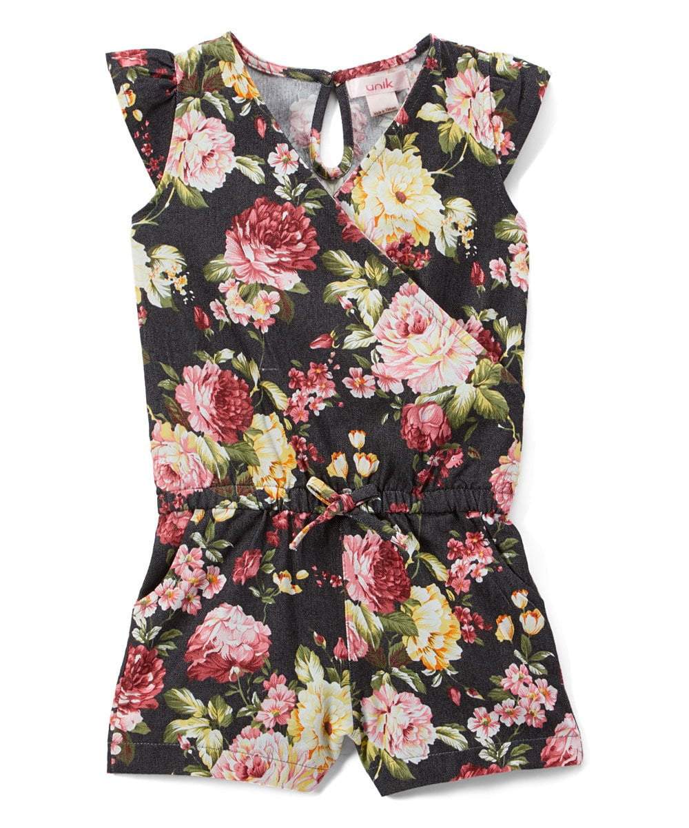 unikinc - Girl Denim Romper with Flowers - Unikinc