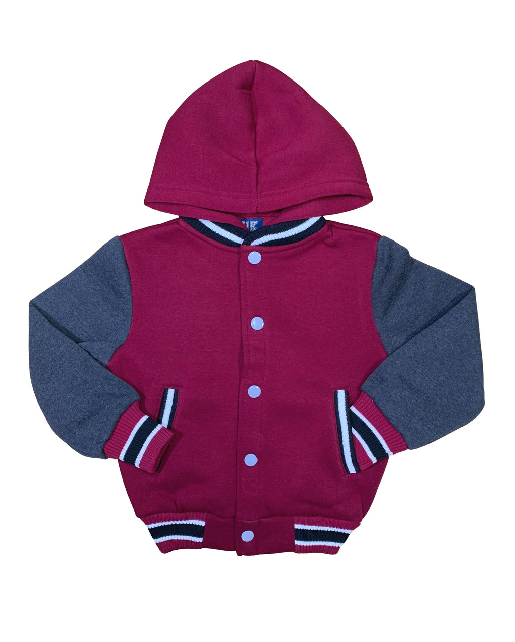 Boys Fleece Varsity Hooded Jacket- Burgundy (2-4), (S-XL) $9.00-$10.00 Per Piece. VJ2199