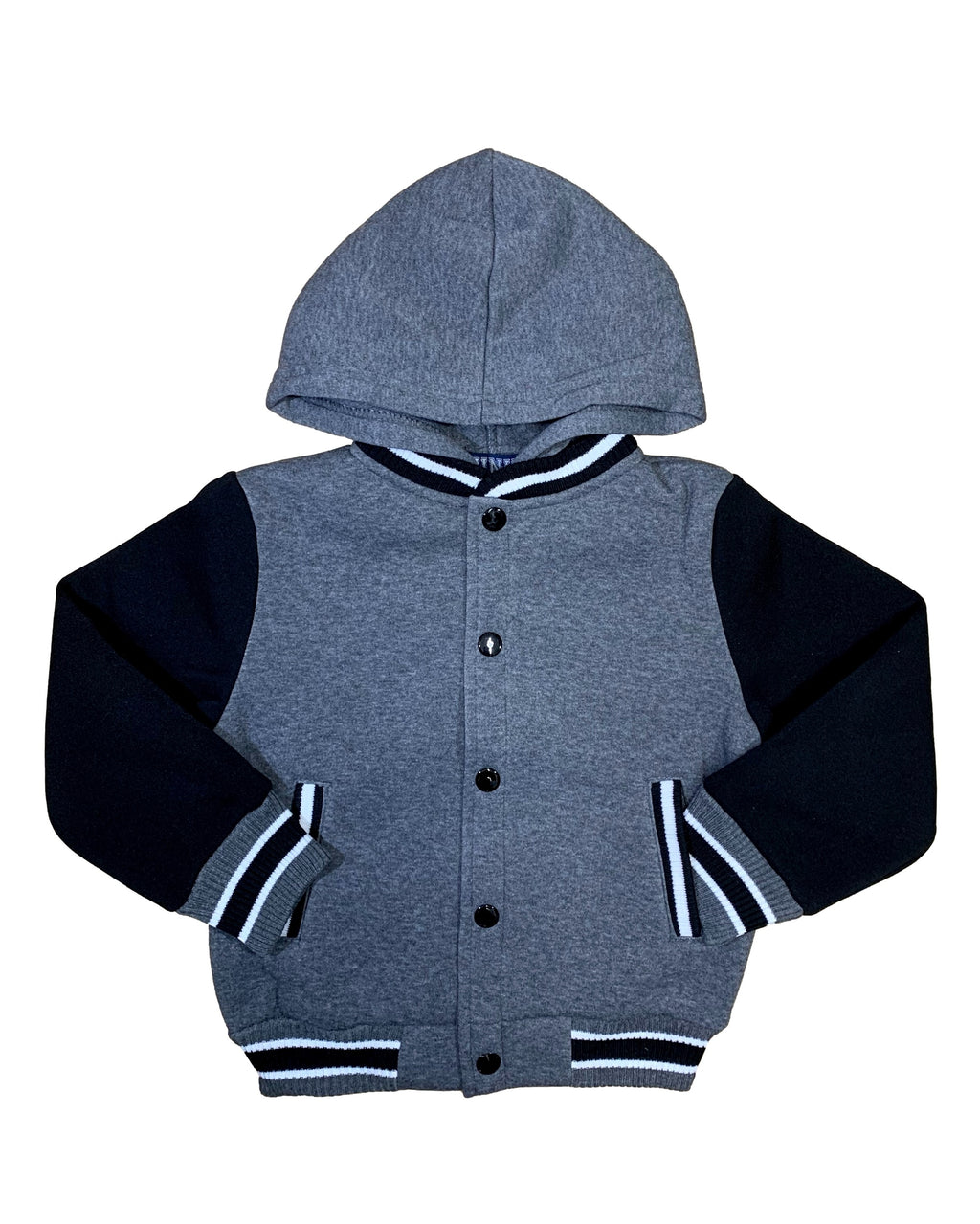 Boys Fleece Varsity Hooded Jacket- D. Grey (2-4), (S-XL) $9.00-$10.00 Per Piece. VJ2199