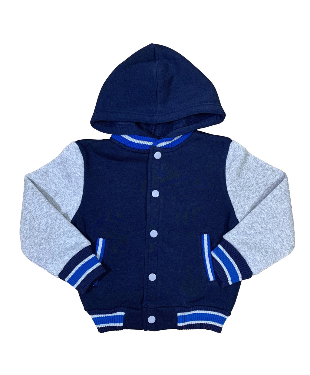 Boys Fleece Varsity Hooded Jacket- Navy (2-4), (S-XL) $9.00-$10.00 Per Piece. VJ2199