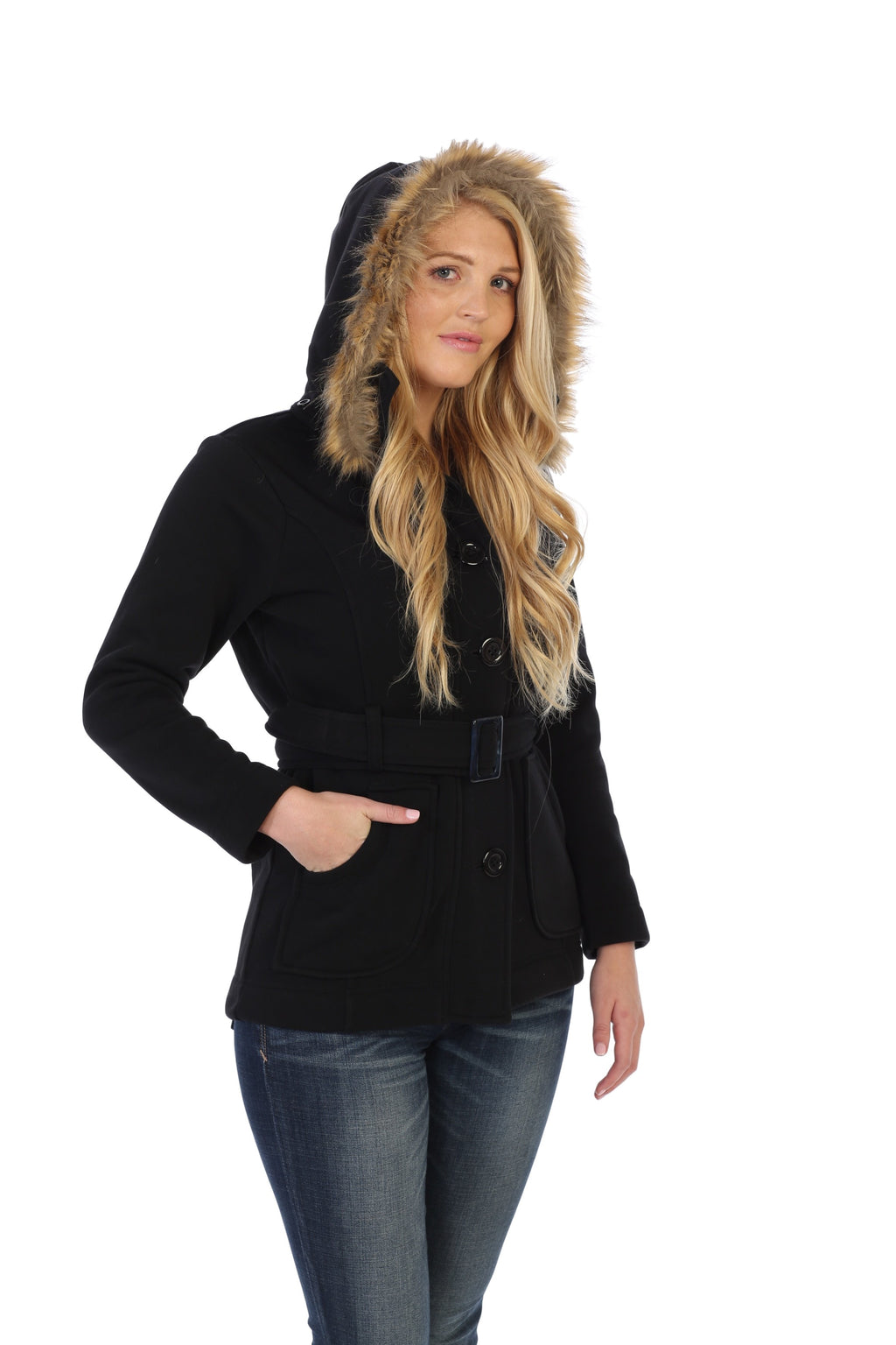 unik Women Fleece Coat with Fur Hood and Detachable Belt-Black