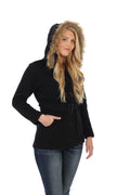 unik Women Fleece Coat with Fur Hood and Detachable Belt-Black