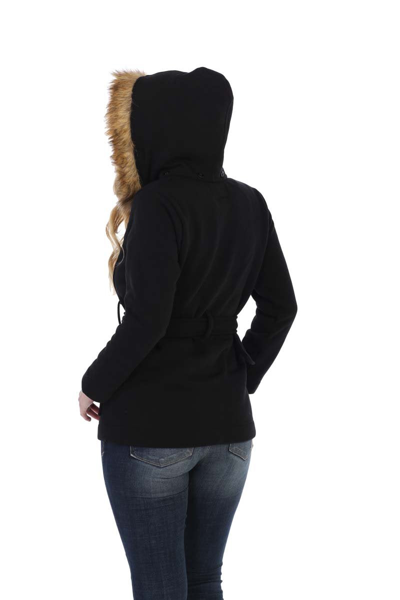 unik Women Fleece Coat with Fur Hood and Detachable Belt-Black