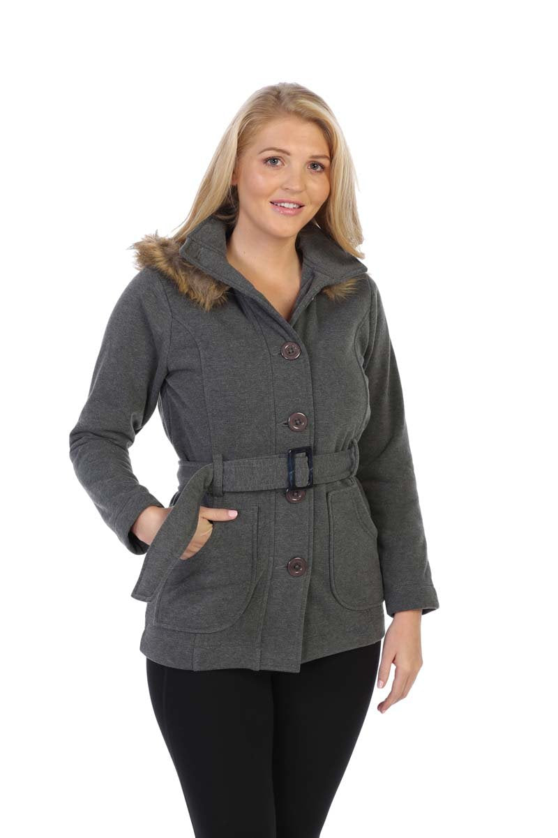 unik Women Fleece Coat with Fur Hood and Detachable Belt- Dark Grey