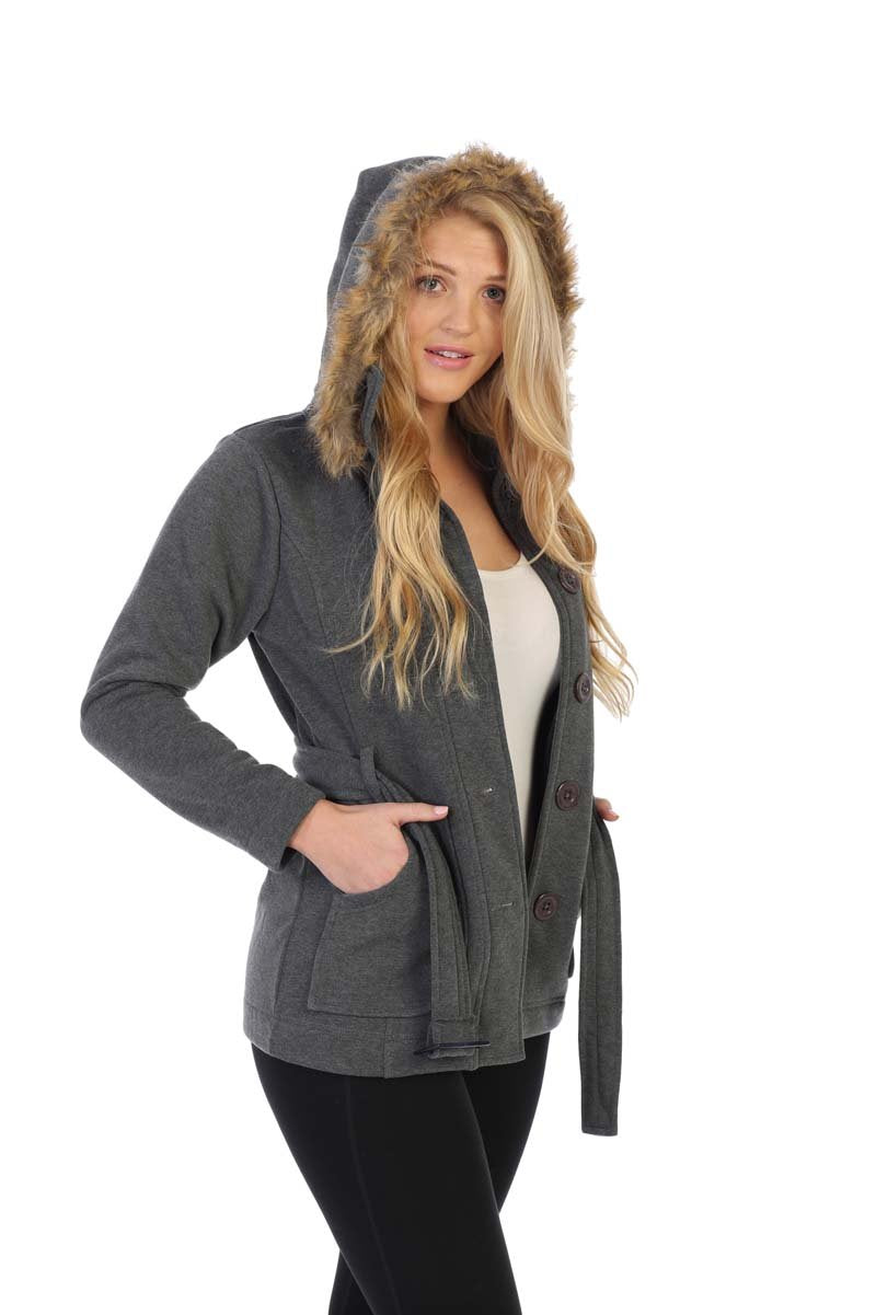 unik Women Fleece Coat with Fur Hood and Detachable Belt- Dark Red