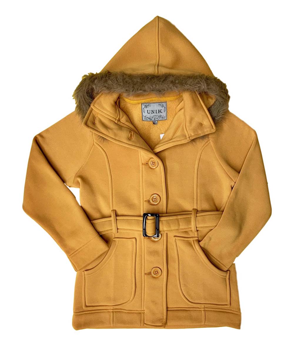 unik Women Fleece Coat with Fur Hood and Detachable Belt- Honey