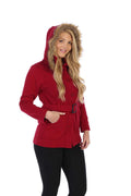 unik Women Fleece Coat with Fur Hood and Detachable Belt- Dark Red