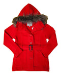 unik Women Fleece Coat with Fur Hood and Detachable Belt- Scarlet