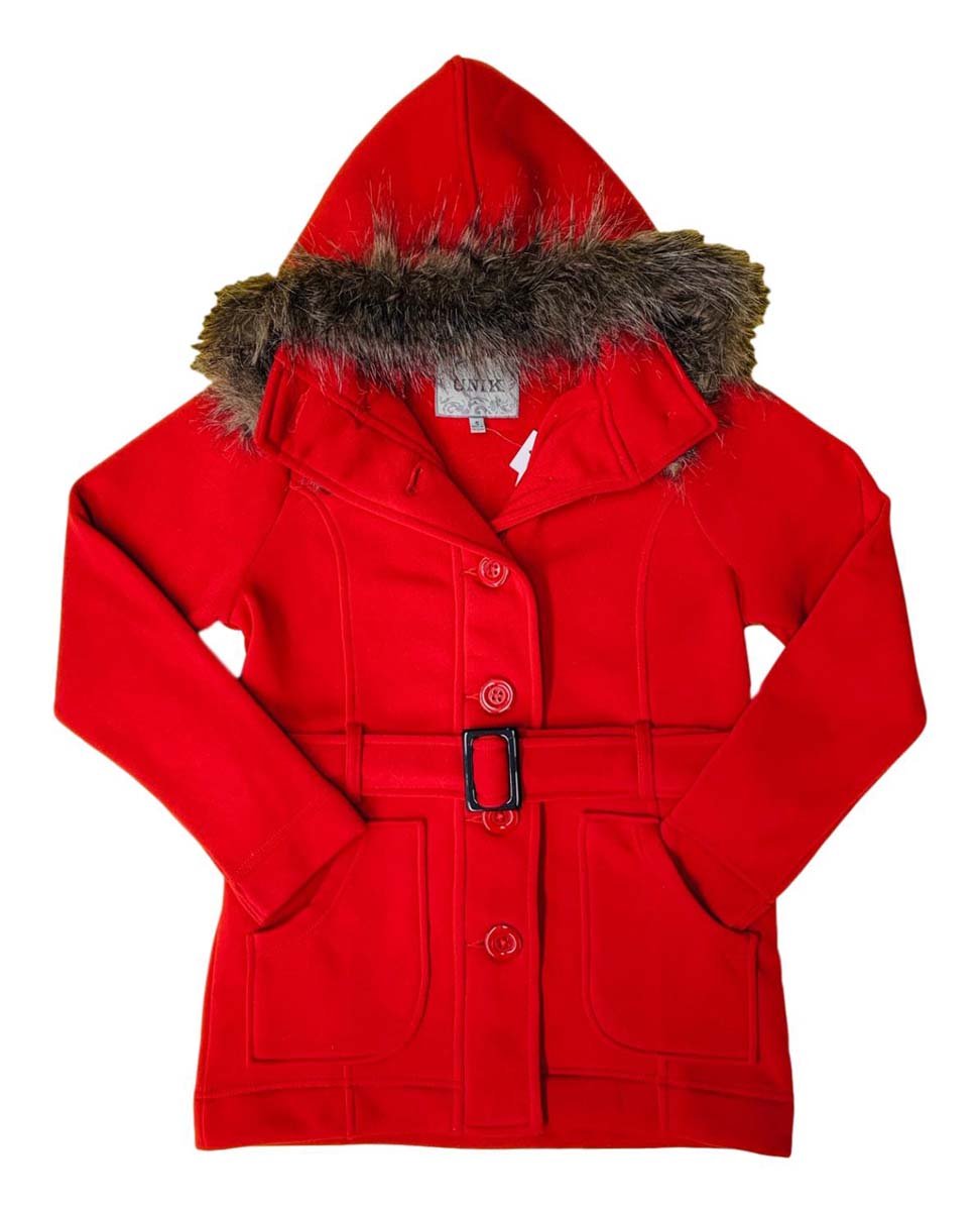 unik Women Fleece Coat with Fur Hood and Detachable Belt- Scarlet