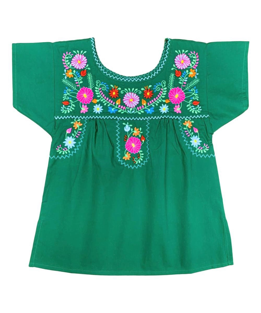 Girl Traditional Puebla Mexican Embroidered Blouse - Green (4-14) $7.50 Per Piece. MT800