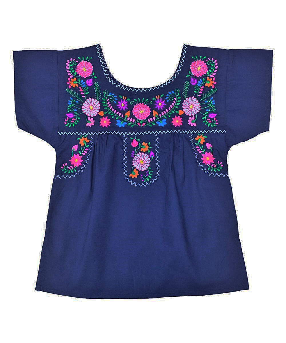 Traditional Puebla Navy Mexican Youth Girl Embroidered Blouse (4-14) $7.50 Per Piece. MT800
