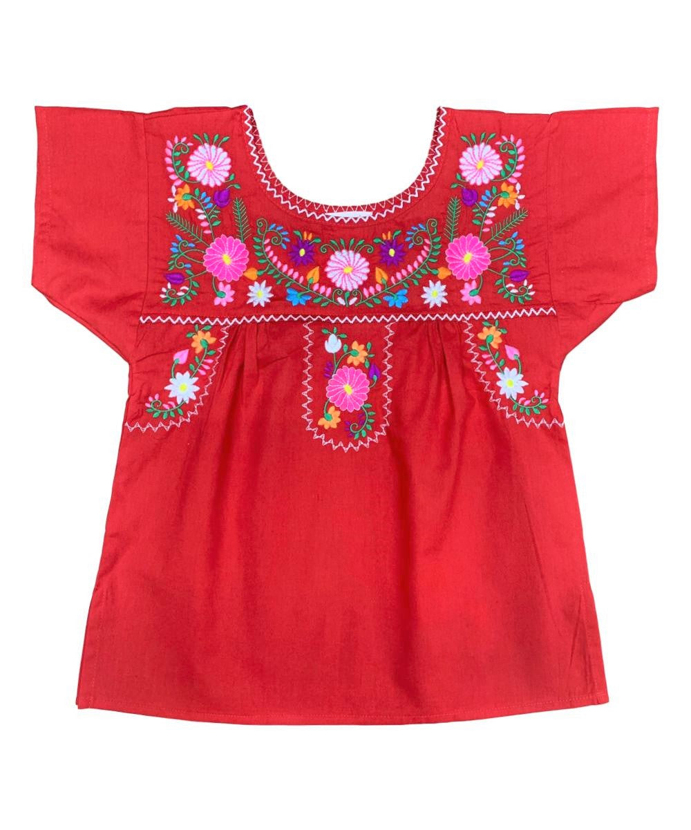 Traditional Puebla Red Mexican Youth Girl Embroidered Blouse (4-14) $7.50 Per Piece. MT800